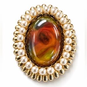 Vintage Faux Pearl & Art Glass Cabochon Brooch Gold Tone Statement Pin